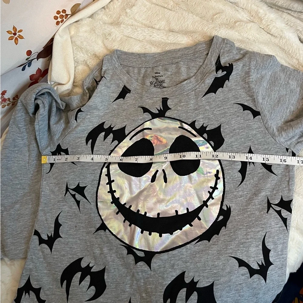 NWT Disney Jack Skellington Girl XL/16 Grey Black Iridescent Bat Long Sleeve Tee
